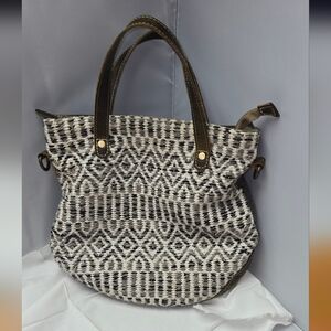 Myra Bag Black, White & Brown Woven Tote with Leather Handles